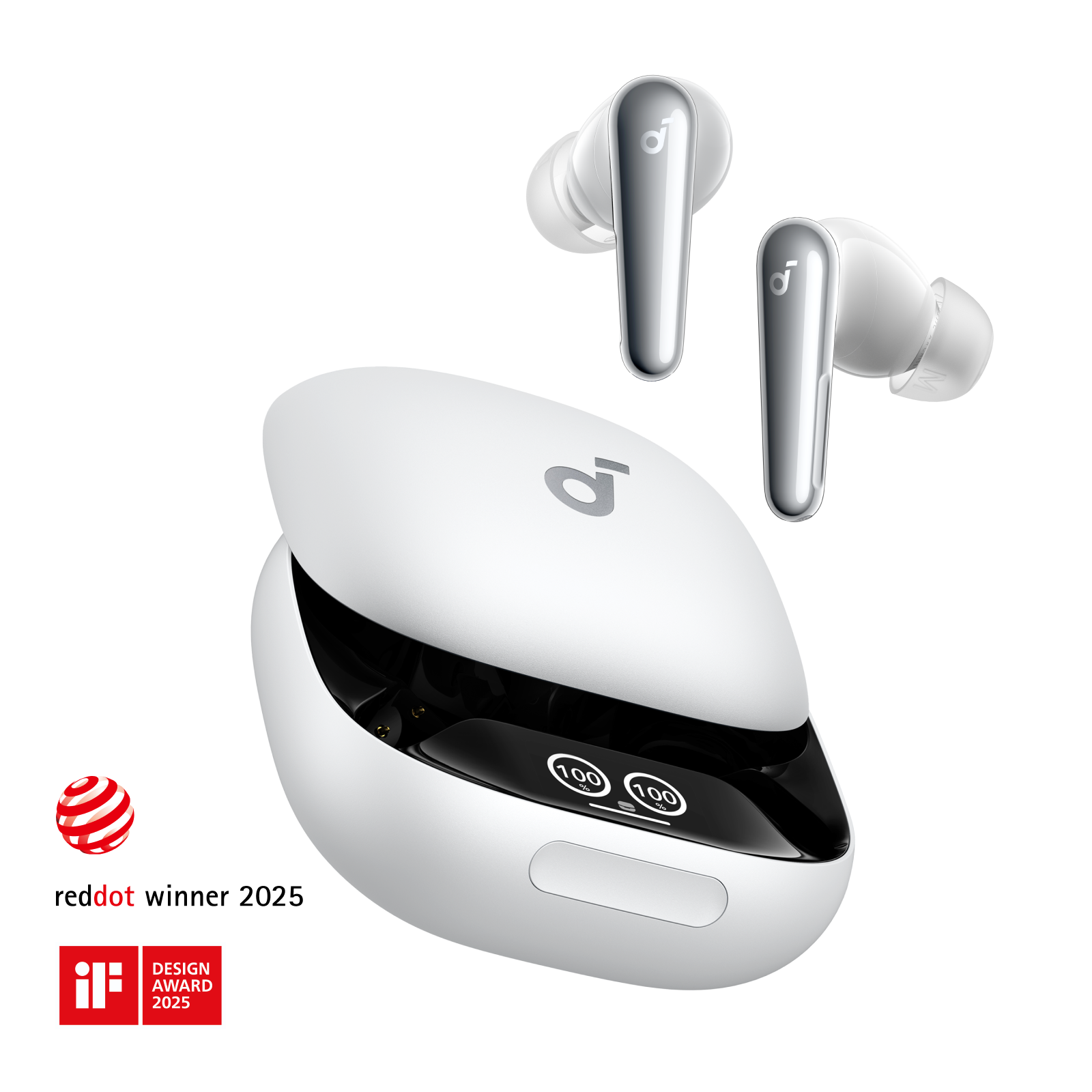 soundcore ANC earbuds with digital display for battery and award icons